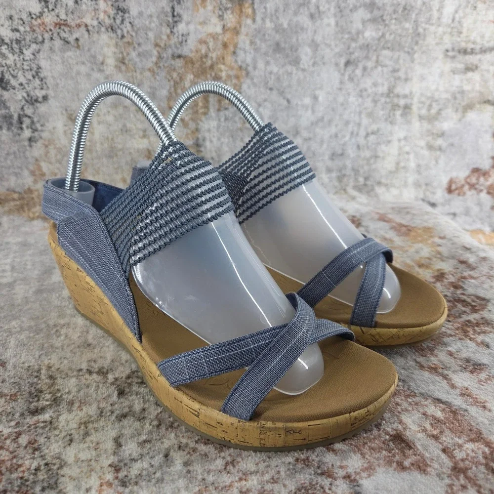 Skechers Beverlee High Tea Wedge Sandals Women 9.5 Blue Denim Elastic Strap Cork